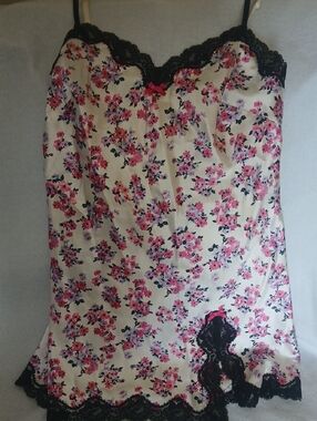 Victoria's Secret Cream Satin Chemise with Pink Floral Print & Black Lace